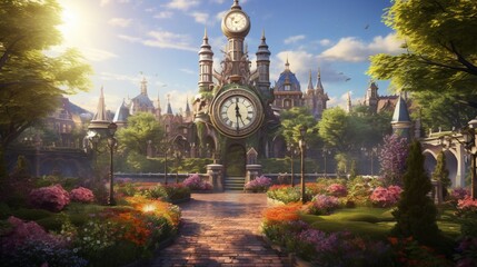 a vibrant botanical garden with an ornate clock tower nestled among lush greenery, offering a picturesque focal point - obrazy, fototapety, plakaty