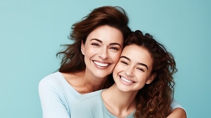 Affectionate loving middle-aged Caucasian mother hugs her adult child daughter on a blue background and looks at the camera. beautiful senior mother and her adult daughter hugging and smiling