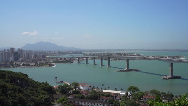 Aerial view of Terceira Ponte bridge that unites the city of Vitoria to Vila Velha, Espirito Santo, Brazil
