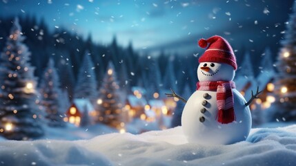 Obraz premium Charming snowy village scene with houses covered in twinkling lights and snowmen standing tall. Ai generative