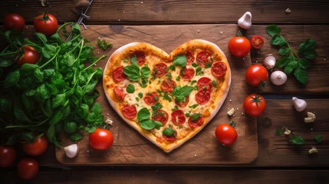  Heart shaped pizza with mozzarella, sausagered with a bottle of wine and wineglas. Valentines day greeting card on rusty background. Top view