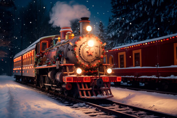 Obraz premium vintage festive Christmas train travels through a night snowy landscape among forests and mountains.