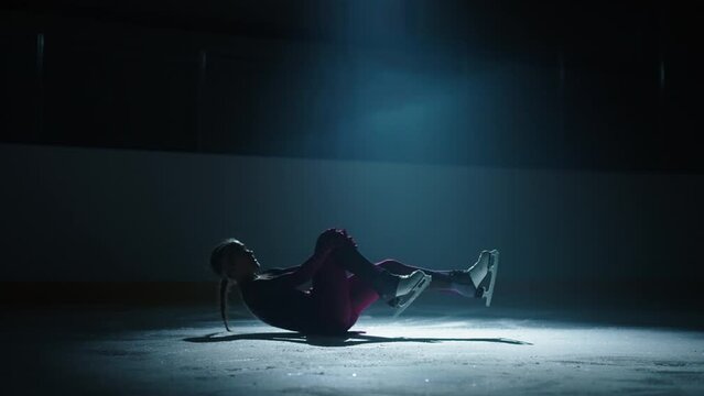 Loss In Sport And Failure In Training, Junior Figure Skater Girl Lying On Ice After Falling, Get Up