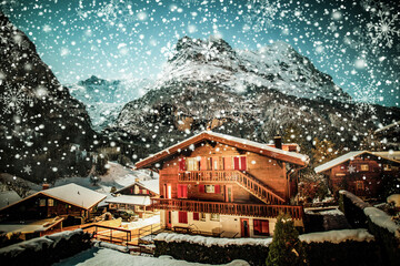 winter night Grindelwald snowy mountain, stars and wooden house - obrazy, fototapety, plakaty