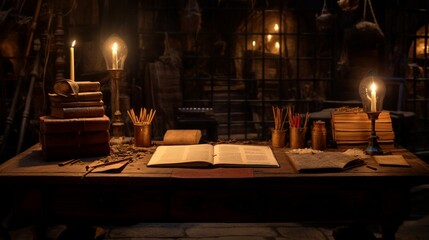 Fototapeta premium a vintage scribe's desk, illuminated by the soft glow of candlelight, where a quill pen hovers above parchment, waiting to etch words of history into the annals of time