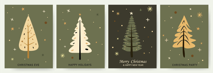 Modern universal art templates. Merry Christmas. Holiday cards and invitations with hand drawn Christmas trees on a green background. Vector illustration
