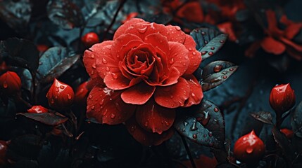 red rose bush in the rain ai generated