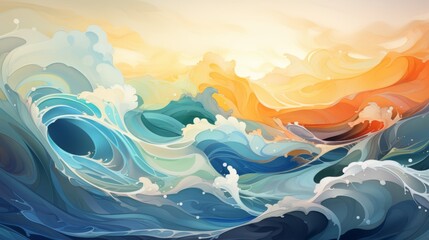 Fototapeta na wymiar Vibrant Ocean Water Wave in Blue, Teal, Turquoise, and Yellow Nature Illustration. Perfect for Cartoon Pool Party Wave or Ocean Beach Travel Theme. Engaging Web Banner with Graphic Copy Space