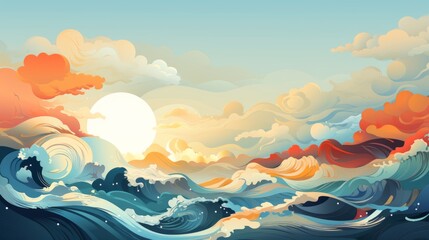 Vibrant Ocean Water Wave in Blue, Teal, Turquoise, and Yellow Nature Illustration. Perfect for Cartoon Pool Party Wave or Ocean Beach Travel Theme. Engaging Web Banner with Graphic Copy Space