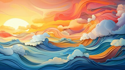 Vibrant Ocean Water Wave in Blue, Teal, Turquoise, and Yellow Nature Illustration. Perfect for Cartoon Pool Party Wave or Ocean Beach Travel Theme. Engaging Web Banner with Graphic Copy Space