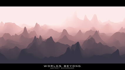 Abstract reddish landscape with misty fog till horizon over mountain slopes. Gradient eroded terrain surface. Worlds beyond. - obrazy, fototapety, plakaty