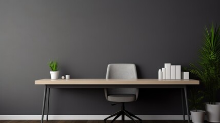 A desk with a chair and a potted plant