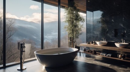 A bathroom with a large tub and a view of the mountains