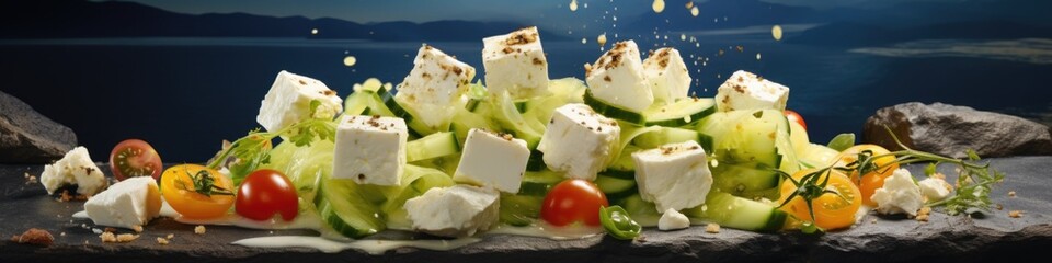 A plate of food with cucumbers, tomatoes and cheese