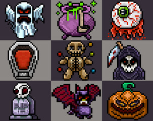 Pack 9 Halloween Horror Icons,Pixel art,Halloween Pack Vectorized,8-bit Horror