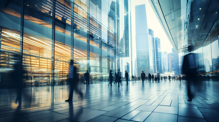 Blurry images of people moving through modern cityscapes, work and business concept - generative AI