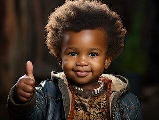 A radiant young child with a full curly afro, wearing a leather jacket, offers a thumbs up with a confident and happy smile, set against a rustic wooden backdrop.