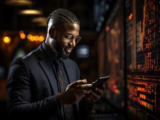 A suave man in a dark tailored suit uses a smartphone amidst a warm, ambient-lit environment, with a screen displaying financial data in the background.