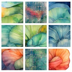 set of watercolor flowers in a grid