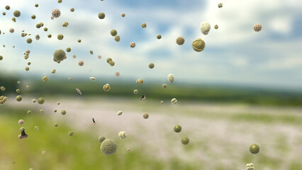 Pollen grains, which can trigger allergies, are transported through the air in a meadow in spring - 3d illustration - obrazy, fototapety, plakaty