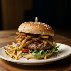 hamburger with french fries