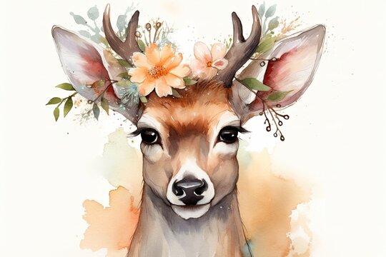 Portrait of a young deer with a wreath of flowers