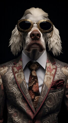 White dog dressed in an elegant suit with a nice tie, wearing sunglasses. Fashion portrait of an anthropomorphic animal posing with a charismatic human attitude © mozZz