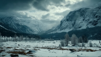 Winter landscape  Majestic mountain range, tranquil frozen meadow, panoramic beauty generated by AI