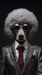 Dog, white poodle, dressed in an elegant suit with a nice tie, wearing sunglasses. Fashion portrait of an anthropomorphic animal posing with a charismatic human attitude © mozZz