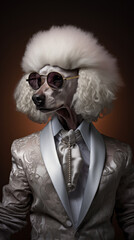 Dog, white poodle, dressed in an elegant suit with a nice tie, wearing sunglasses. Fashion portrait of an anthropomorphic animal posing with a charismatic human attitude © mozZz