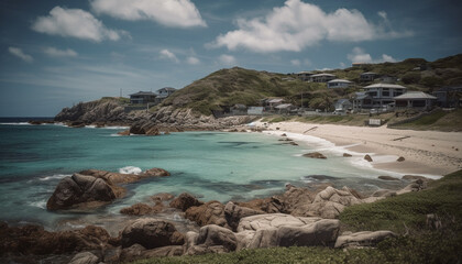 Obraz premium Tranquil scene coastline, water, cliff, sand, summer, travel, vacations generated by AI