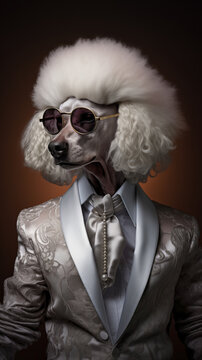 Dog, white poodle, dressed in an elegant suit with a nice tie, wearing sunglasses. Fashion portrait of an anthropomorphic animal posing with a charismatic human attitude