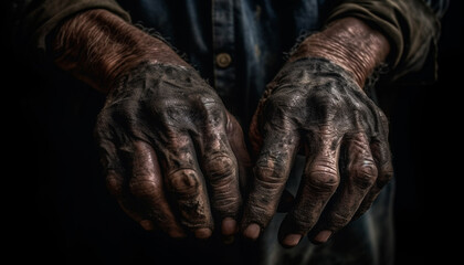 Fototapeta na wymiar An old man dirty hand holds a wet, muddy craft generated by AI