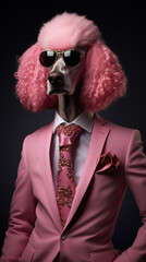 Dog, pink poodle, dressed in an elegant suit with a nice tie, wearing sunglasses. Fashion portrait of an anthropomorphic animal posing with a charismatic human attitude © mozZz