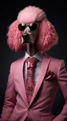 Dog, pink poodle, dressed in an elegant suit with a nice tie, wearing sunglasses. Fashion portrait of an anthropomorphic animal posing with a charismatic human attitude © mozZz
