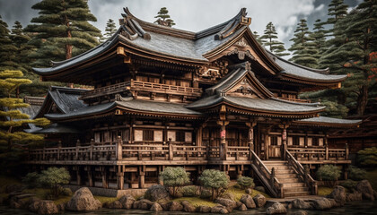 Fototapeta premium Ancient pagoda, tranquil scene, autumn journey, beauty in nature generated by AI