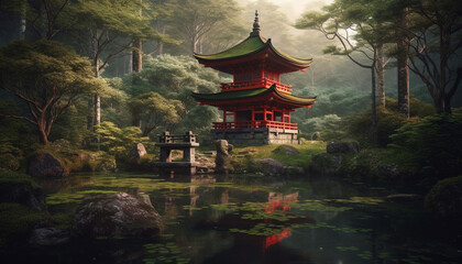 Ancient pagoda reflects spirituality in tranquil autumn landscape generated by AI