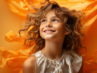 Close up portrait of a happy young pretty girl with orange background. Beautiful little girl smiling looking upwards. 