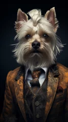 Dog, Yorkshire, dressed in an elegant suit with a nice tie. Fashion portrait of an anthropomorphic animal posing with a charismatic human attitude © mozZz