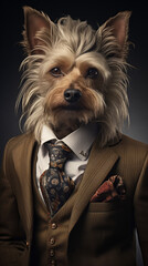 Dog, Yorkshire, dressed in an elegant suit with a nice tie. Fashion portrait of an anthropomorphic animal posing with a charismatic human attitude © mozZz