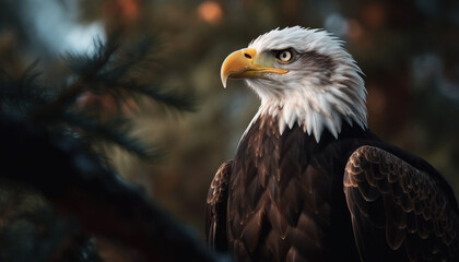 Bald eagle perching on branch, majestic symbol of American culture generated by AI