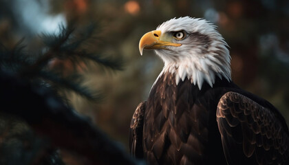 Obraz premium Bald eagle perching on branch, majestic symbol of American culture generated by AI