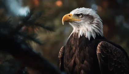 Foto op Plexiglas Bald eagle perching on branch, majestic symbol of American culture generated by AI © Stockgiu
