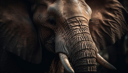Large African elephant close up, focus on wrinkled trunk and tusk generated by AI