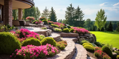 Rolgordijnen Retaining walls in home garden, luxury landscape design of house backyard in summer, beautiful back yard with flowers, stones and trimmed bushes. Concept of patio, landscaping © karina_lo