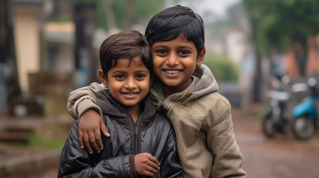 Two Indian Boys With Their Arms Around Each Other, Bonding, Friends, Siblings, Brothers