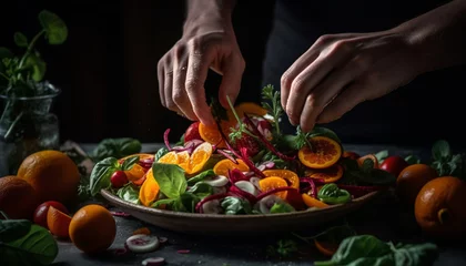 Fotobehang Fresh organic salad with citrus fruit and vegetables on rustic table generated by AI © Stockgiu