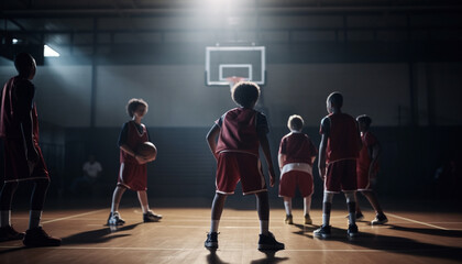 Obraz premium Men playing basketball indoors, teamwork, competitive sport, sports uniform generated by AI