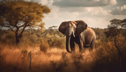 African elephant walking in tranquil savannah at sunset generated by AI