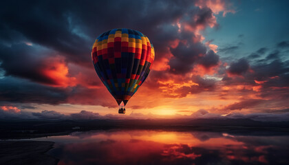 Fototapeta premium Multi colored hot air balloon flying high in vibrant sky generated by AI